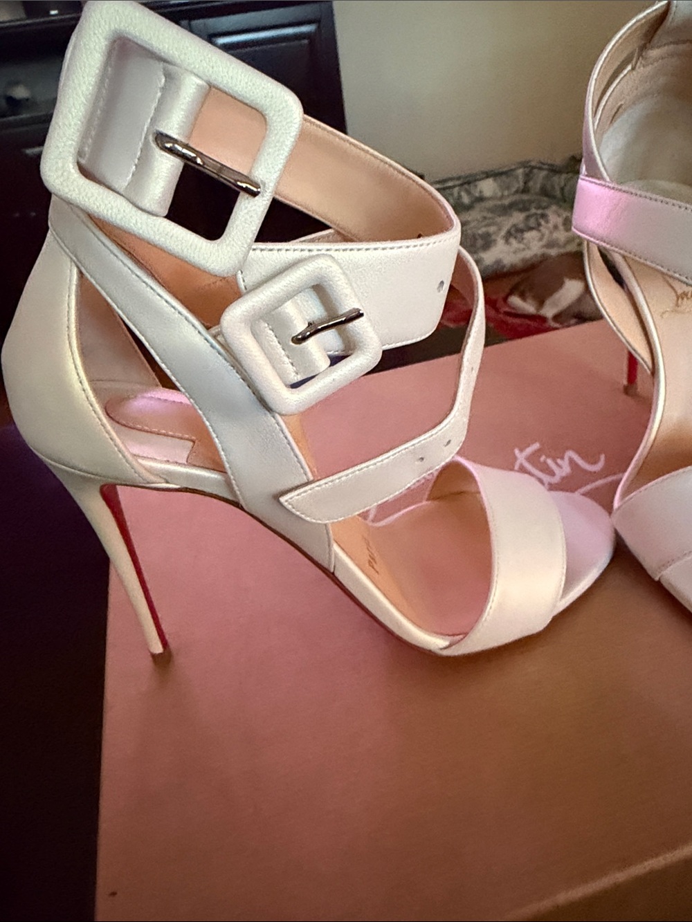 Christian Louboutin White Leather Ankle-Strap Open-Toe Heels - Picture 3 of 8